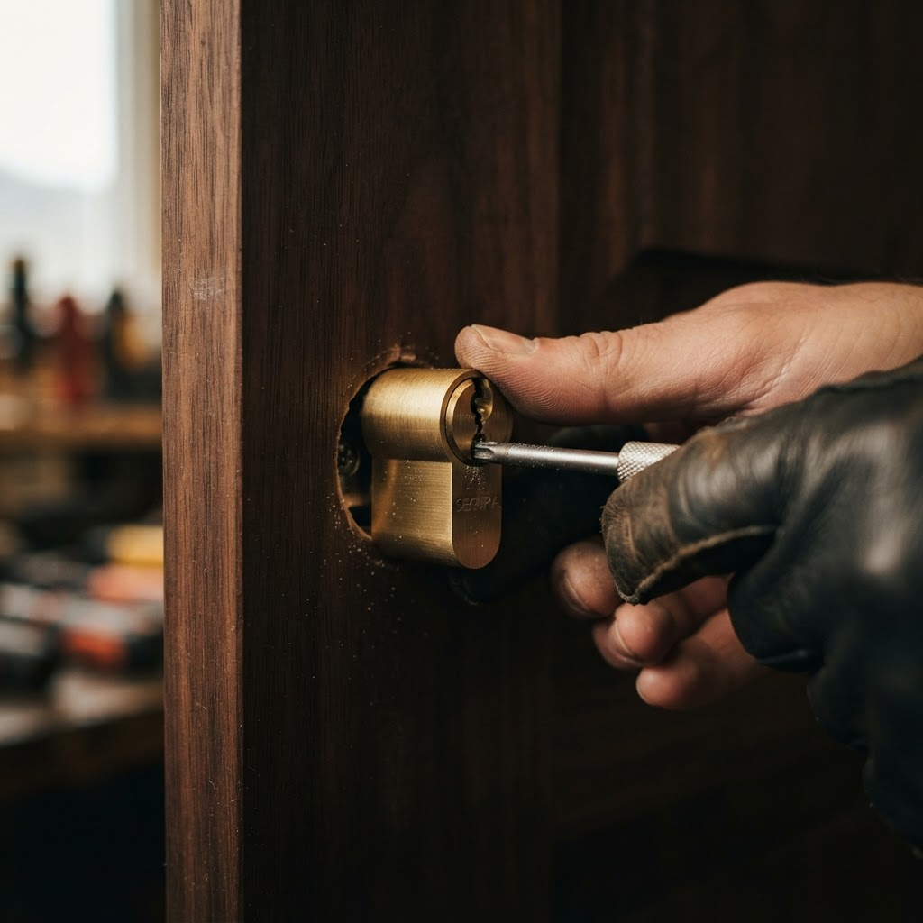 Locksmith installing a high-security brass cylinder lock on a door