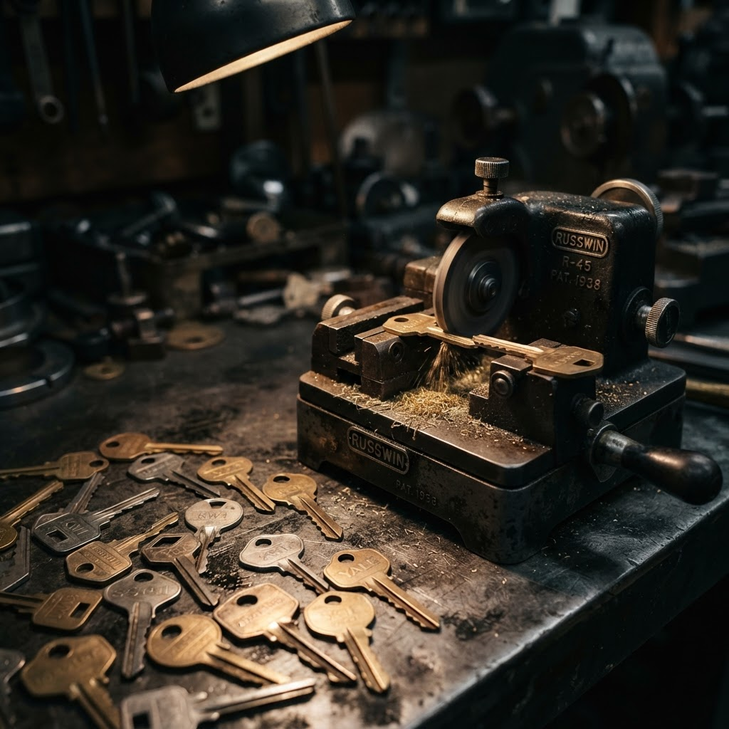 Key-cutting machine preparing a key at the Eka Key workshop in Prishtina